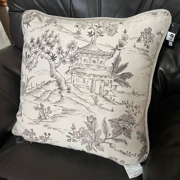 NWT TAHARI HOME Pillow Toile Gray Silver White 18” Square Canvas Velvet Soft - Picture 1 of 10